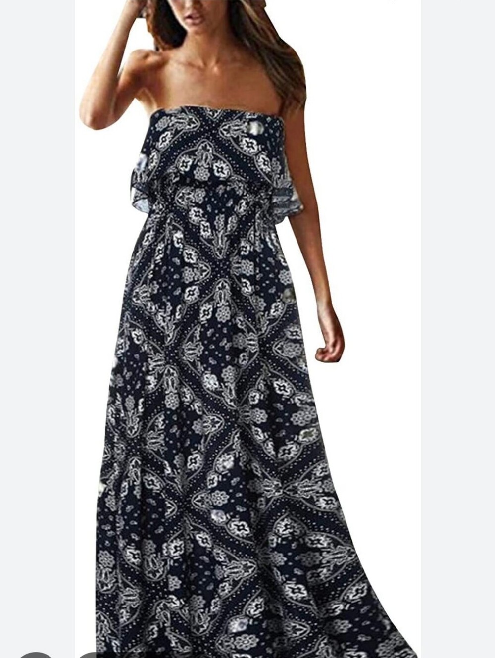 Blue White Bandana Print Strapless Summer Maxi Dress Sizd Medium